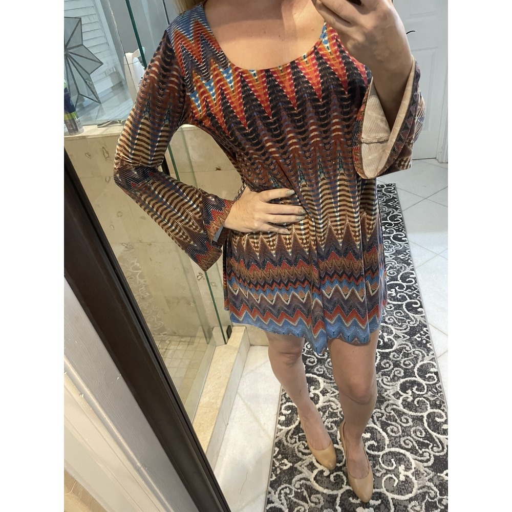 Veronica M Short Dress Aztec Chevron Print Red Blue Boho Bell Sleeve Small